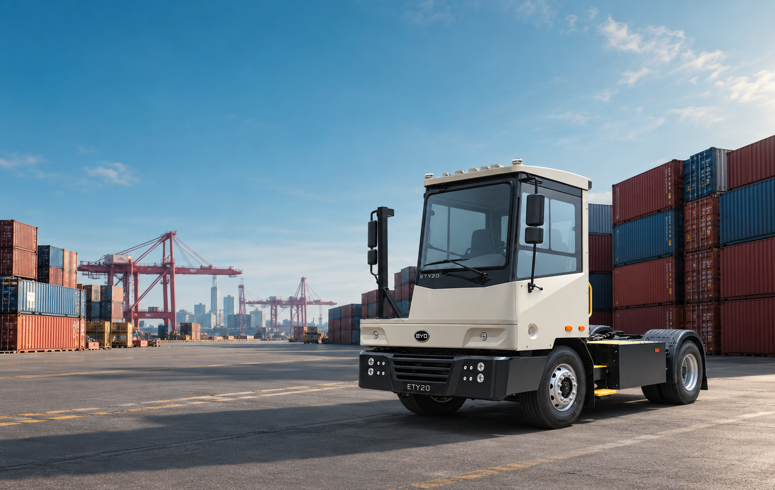 BYD EYT 2.0 electric terminal tractor in a container port